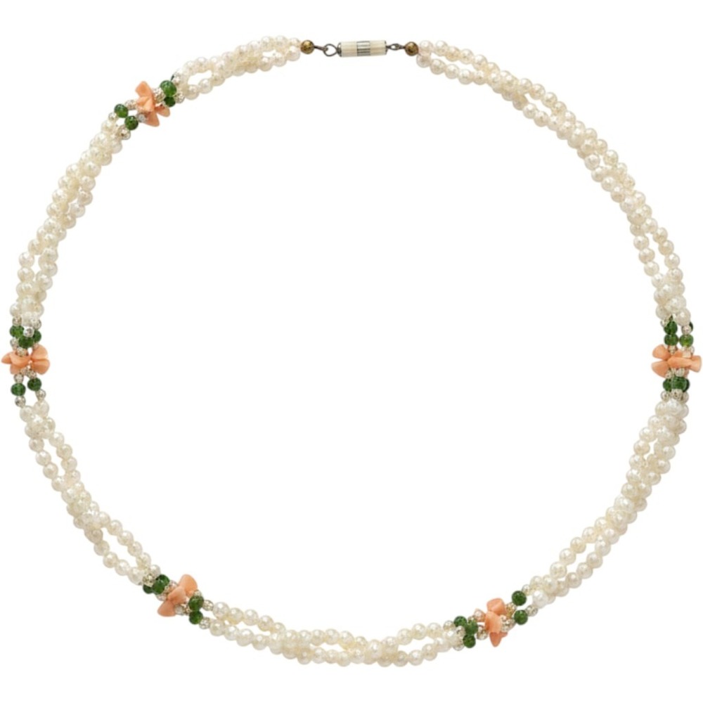 Vintage Double Strand Faux Pearl Necklace Peach Floral Green Bead Barrel Clasp